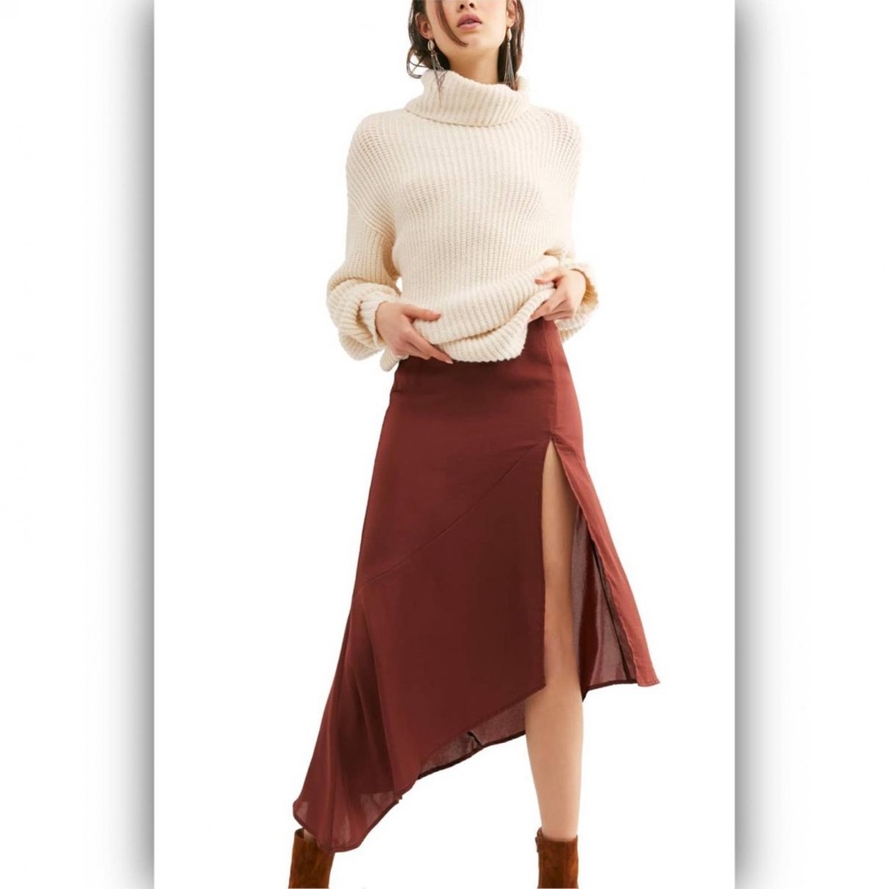 Rust Free People Lola asymmetrical satin skirt, size 8